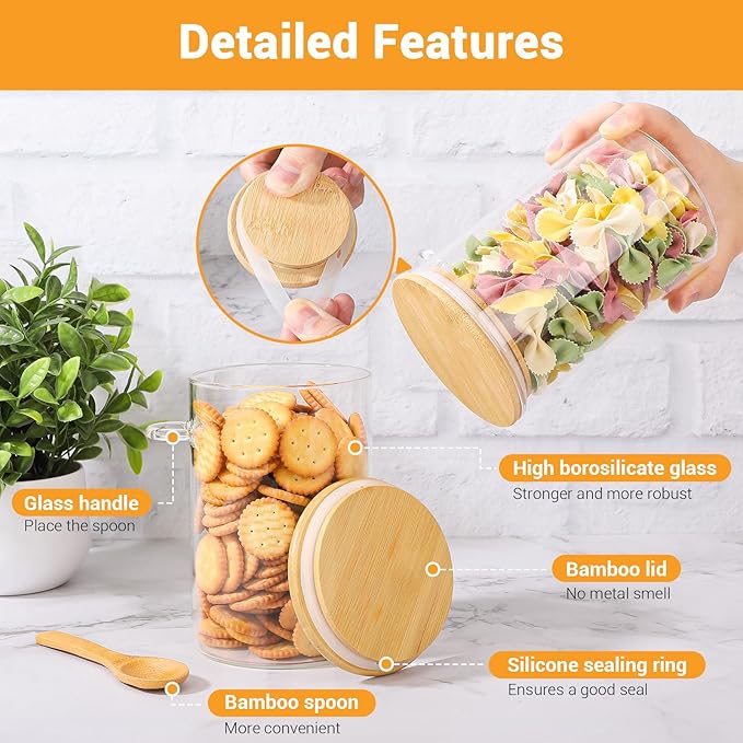 Glass Jars with Bamboo Lids and Spoon - 2 Pack 32 Fl.oz Round Food Storage Containers with Airtight Lid, Includes Labels and Marker, Glass Kitchen Canister for Rice, Flour, Sugar, Cereal, Oats