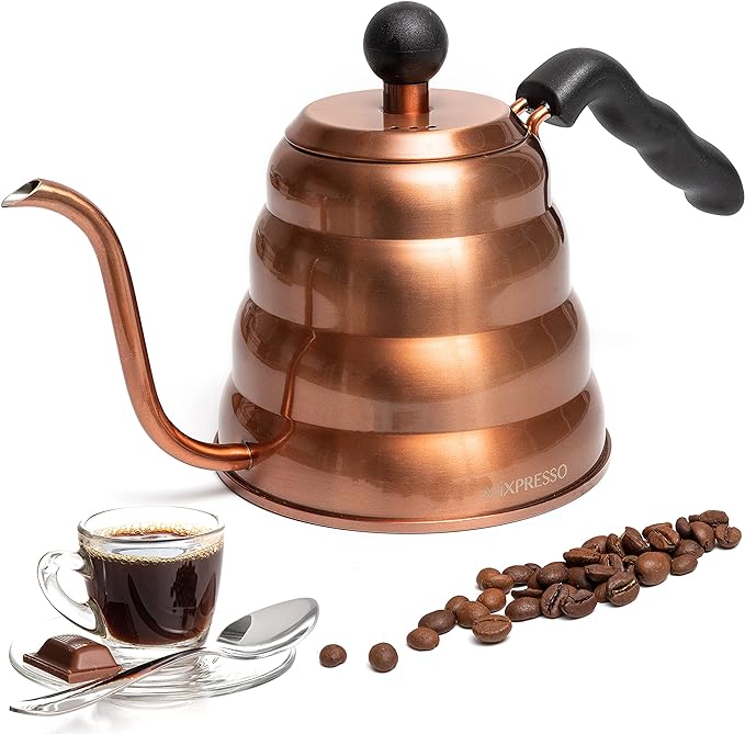 Mixpresso Gooseneck Pour Over Coffee Kettle, Barista Pour Control Design For Coffee & Tea High-Grade Stainless Steel 1.2 Liter (40 Oz) Drip Coffee Induction Cooker, Copper Stovetop Kettle