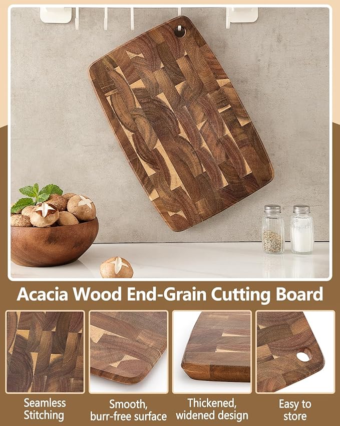 XINZUO Small Acacia Wood End-Grain Kitchen Cutting and Serving Board, for Kitchen, 14" x 9" Reversible Wooden Chopping Board for Meat, Cheese, Fruit & Vegetables,Easy to Clean(Rectangular)