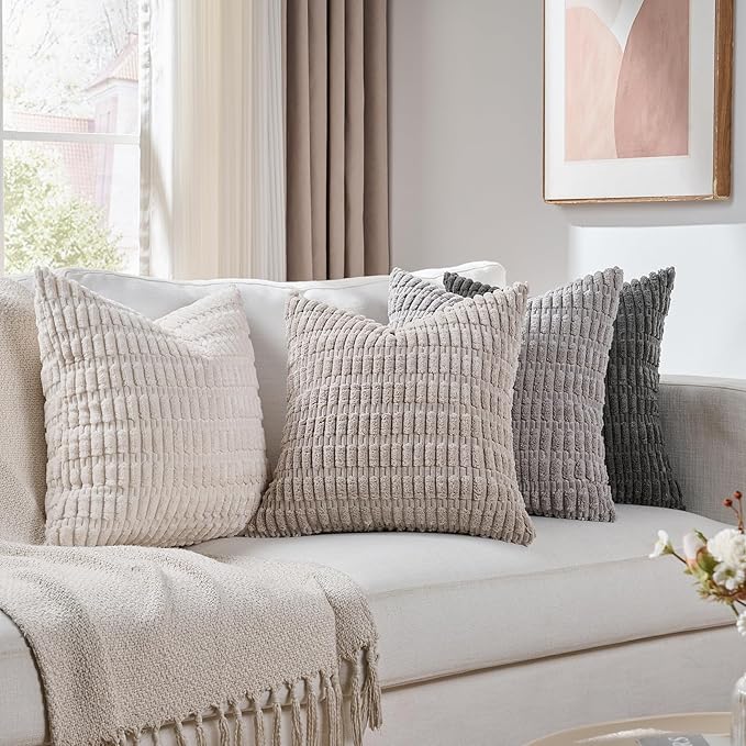 Fancy Homi Set of 4 Grey and White Decorative Throw Pillow Covers 16x16 Inch for Couch Bed Chair, Modern Farmhouse Boho Room Decor, Soft Fuzzy Double Sided Corduroy Textured Striped Cushion Case 40cm
