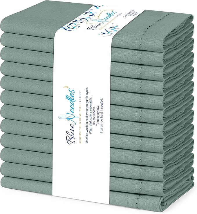 Blue Needles Set of 12 Hemstitch Linen Napkins 100% Cotton Hunter Green Cloth Dinner Napkins 18x18 inches, Soft, Reusable Absorbent Washable, Ideal for Wedding Events, Parties & Everyday Use