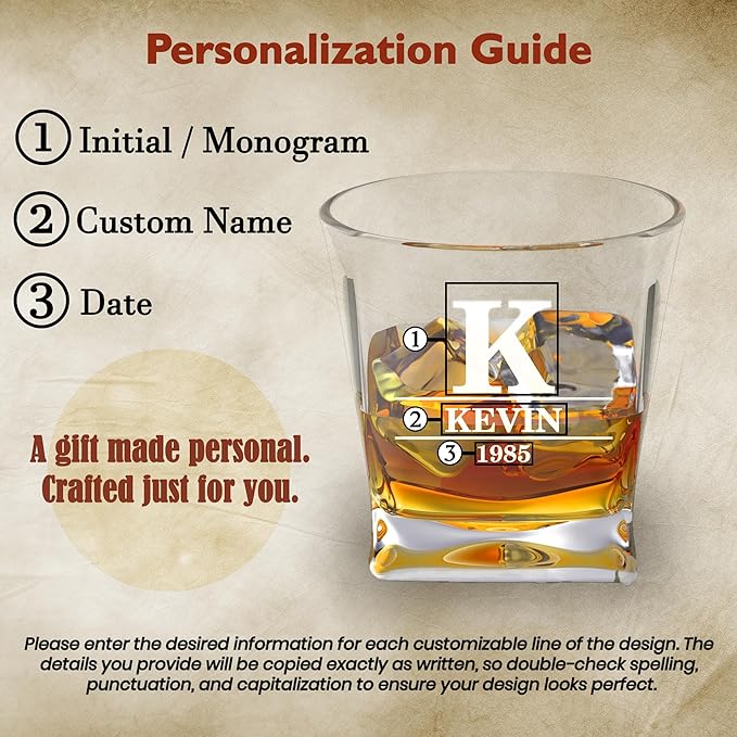Personalized Whiskey Glass Gift Set – 10.25 oz Engraved 1 Bourbon Glass & 3 Stones & 1 Wooden Coaster with Wooden Box,Old Fashioned Cocktail Glass, Groomsmen & Father’s Day Gift.