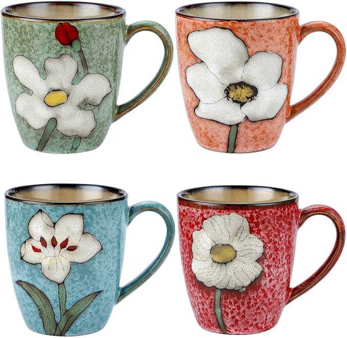 VanEnjoy 13oz Coffee Mug 4 Set of Ceramic Coffee Cups Cappuccino Cups Set Vintage Coffee Mugs for Home Cafe Floral Mugs for Tea Latte Espresso