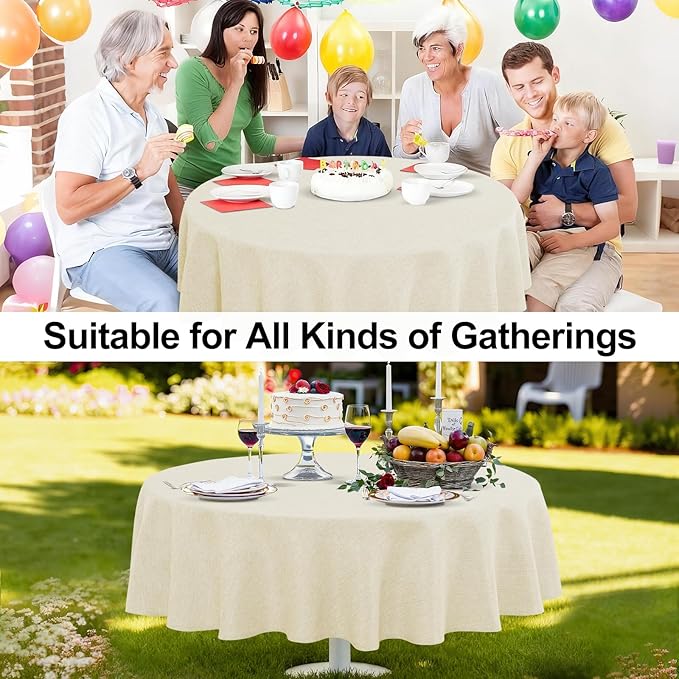 JIUZHEN Faux Linen Round Tablecloths 84 inch, Decorative Wrinkle Free Texture Rustic Circle Table Cloth Cover for Kitchen, Dining, Party, Wedding, Outdoor Use (84 Inch Round,Champagne)