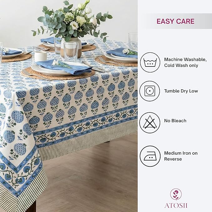ATOSII Roma Blue 100% Cotton Boho Square Fall Tablecloth, Handblock Floral Print Table Cloth Linen for Kitchen Dining I Parties, Outdoors, Weddings, Christmas, Thanksgiving Decor 60 X 60 Inches