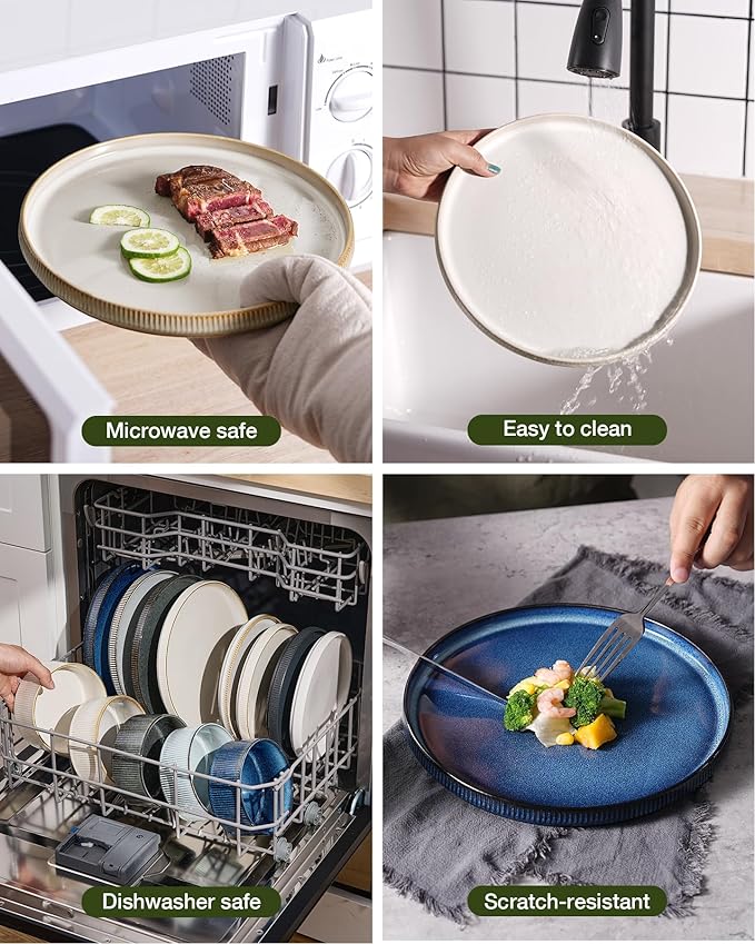 Famiware Star Dinnerware Set with Pasta Bowls, Service for 4 (16pcs), Ribbed Stoneware Plates and Double Bowls Dishes Sets - Chip & Scratch Resistant, Microwave & Dishwasher Safe, Cappuccino White