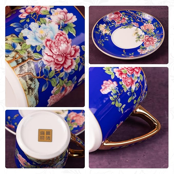 KAMMAK Tea Cups and Saucers Set of 2, Porcelain Coffee Cups with Saucer for Espresso, Cappuccino, 7.5oz Vintage Red and Blue Ceramic Novelty Mug for Home, Tea Party, Office