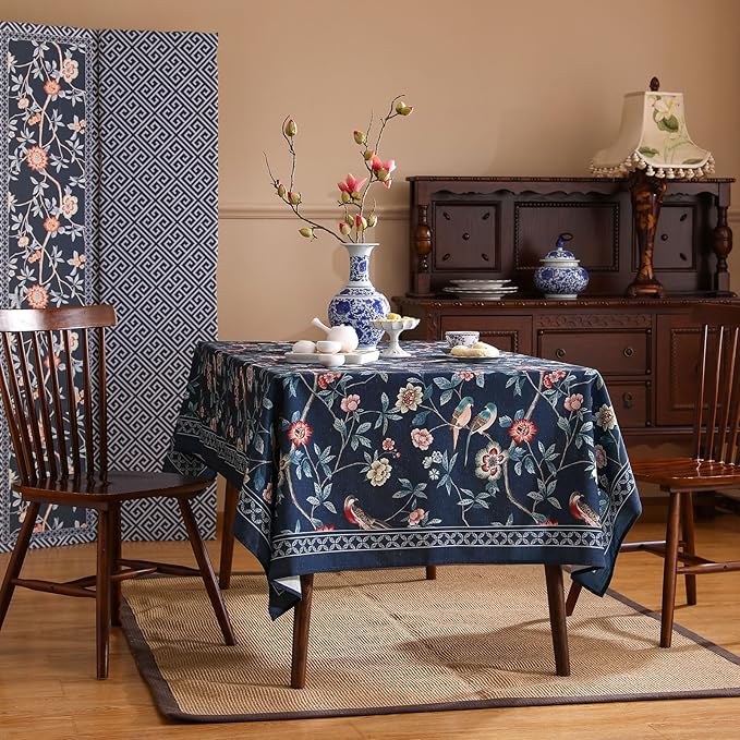 patdrea Designer Vintage Dark Blue Linen Rectangle Tablecloth,Navy French Floral and Birds Pattern Table Cloth,Decoration Table Cover for Kitchen,Dining,Tea Party,Home,Christmas,63"*102"