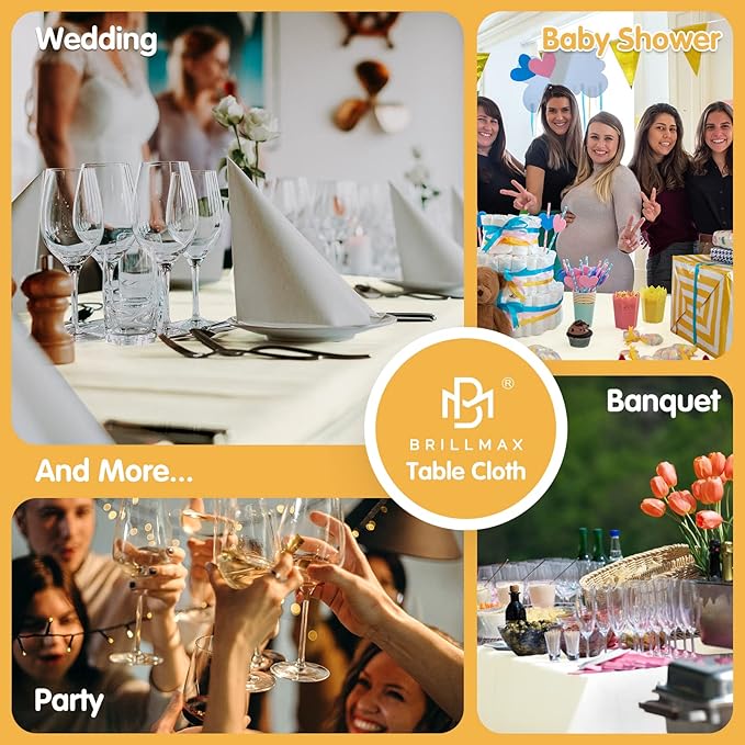 BRILLMAX 4 Pack Ivory Tablecloths 90 x 132 Inch for 6ft Rectangle Tables - 150 GSM Polyester Fabric, Floor Length Drop, Water, Stain & Wrinkle Resistant Cloth Cover for Wedding Reception Banquet