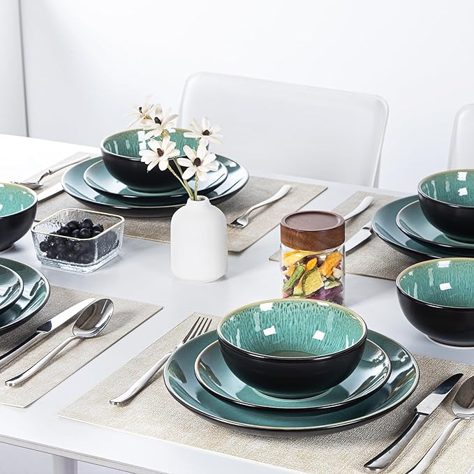 Plates and Bowls Sets for 6 - CJDC-QUELO 18-Piece Stoneware Dinnerware Sets, Ceramic Dishware Set for Indoor Kitchen Use and Formal Dining, Chip and Scratch Resistant Microwave Dishwasher Safe, Green