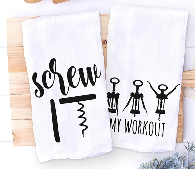 Handmade Funny Kitchen Towel Set - 100% Cotton Funny Hand Bar Towels for Wine Lovers - 28x28 Inch Perfect for Hostess Housewarming Christmas Mother’s Day Birthday Gift (Screw & My Workout)