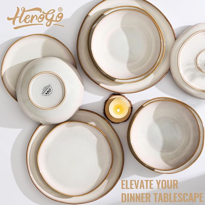 Herogo Stoneware Dinnerware Sets, 12 Piece Dinner Dishes Set for 4, Ceramic Plates and Bowls Dishware, Tableware Includes Dinner Salad Plates, Soup Bowls, Microwave & Dishwasher Safe, Pearl White