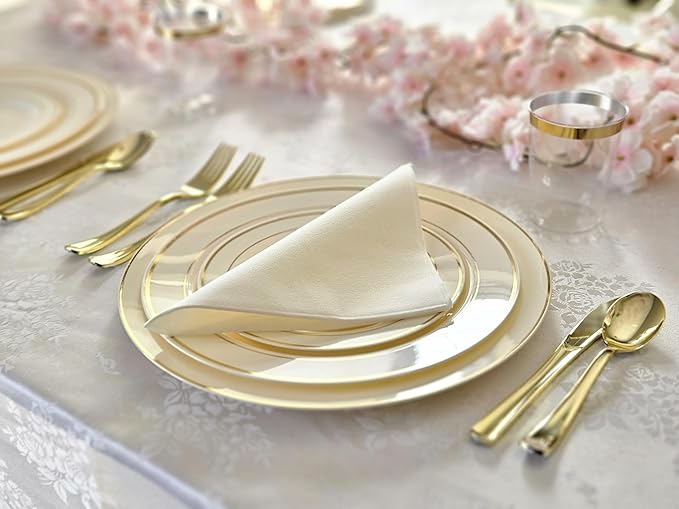 " OCCASIONS " 40 Piece Chargers pack Wedding Party 12'' Disposable Plastic Charger Plates/Chargers (Ivory & Gold Rim)
