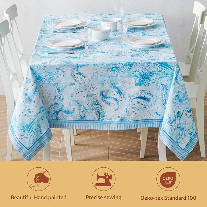 Maison d' Hermine Premium Table Cloth Square Table 100% Combed Cotton 70 x 70 Inches Tablecloth Reusable Decorative for Dining Room, Farmhouse, Home, Party, Festive & Wedding - Paisley Blues