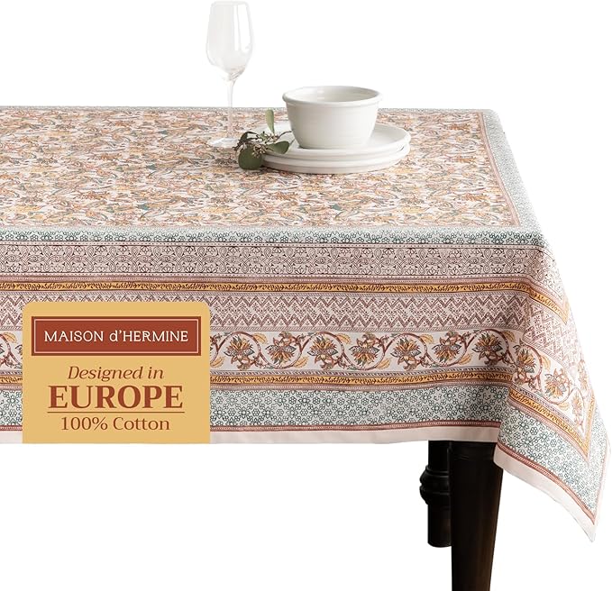 Maison d' Hermine Table Cloth Rectangle Table 100% Cotton 60 x 90 Inches Fall Tablecloth Reusable Everyday Use for Thanksgiving Christmas Decorations Dining Farmhouse Party (Nila)