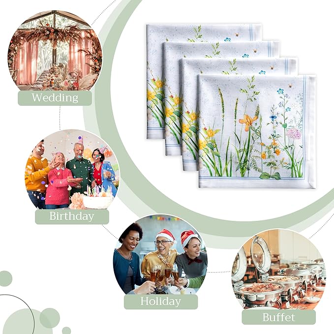 Maison d' Hermine Cloth Napkins Set of 4 100% Cotton Everyday Reusable Square Napkins Cloth Washable Dinner Party Wedding Restaurant Valentines Day Decorations Spring/Summer (Fleurs De Mai, 20" x 20")