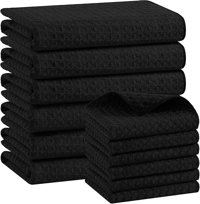 Homaxy Microfiber Waffle Weave Kitchen Towels Set, 16 x 28 Inch and 12 x 12 Inch Ultra Absorbent and Solid Color Dish Towels, 12 Pack, Black
