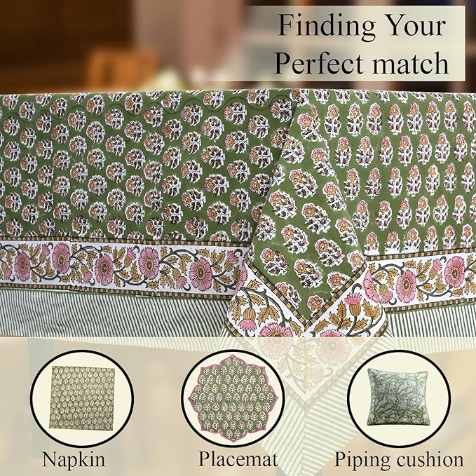 CPC Tablecloth 100% Cotton 72x140 Inch Indian Block Print Easter Rectangle Table Cover, Table Cloth for Weddings, Parties- Jade Green 12-Seater