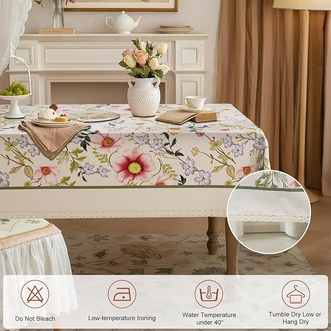 Vintage Linen Floral Rectangle Tablecloth, French Rustic Table Cloth with Flowers and Leaves Pattern, Waterproof Decor Table Cover for Dining Kitchen Party Christmas, 55''x 70''