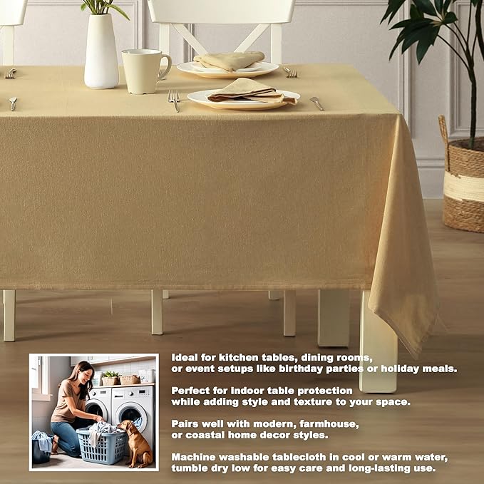 Spring & Easter Holiday Charleston Beige 52 x 70 inch Rectangle Fabric Tablecloth, Cotton Table Cover for Indoor Outdoor Dining, Machine Washable Solid Color Tablecloths for Everyday Use