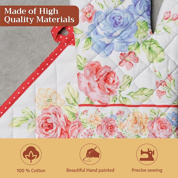 Maison d' Hermine 100% Cotton Oven Mitt & Pot Holder Set (7.5"x13" & 8"x8") Heat Resistant BBQ Cooking Gloves with Loop, Baking, Grilling, Kitchen, Handling Hot Pans Spring/Summer (Vintage Floral)