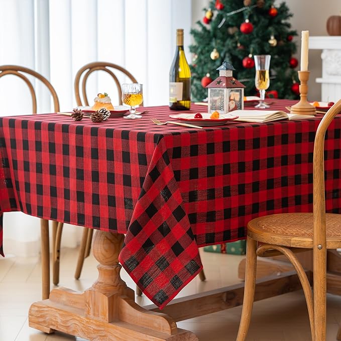 Christmas Gingham Tablecloth Heavy Duty Cotton Blend Red 60x60 inch Plaid Christmas Table Cloth Reusable Waterproof Foldable Tablecloths Xmas Table Cover for New Year Party Decor