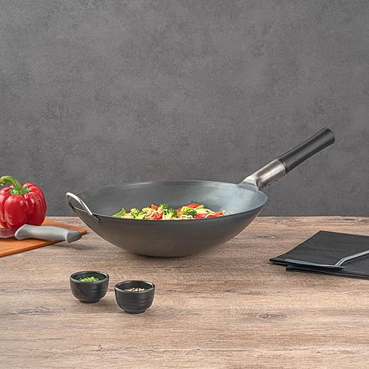 Restaurantware-Motomori 14 Inch Pre-Seasoned Carbon Steel Wok, 10 Traditional Japanese Woks - Round Bottom, Wooden Handle, Black Carbon Steel Traditional Stir Fry Pans, With Helper Handle