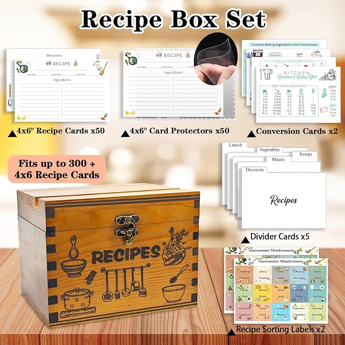 Wooden Recipe Box with Cards and Dividers, 4x6 Recipe Card Box Set, Recipe Organizer with Double Lid Slots (Phone Holder & Recipe Holder)
