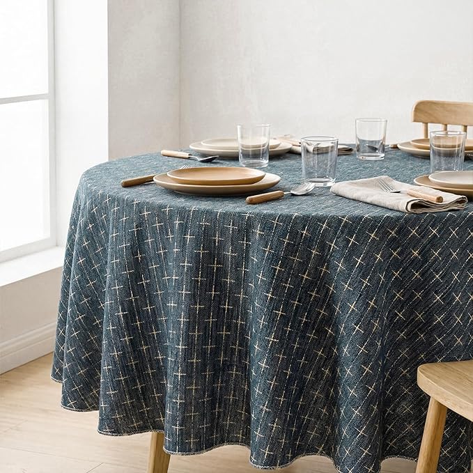 Horaldaily Navy Blue Round Table Cloth, Cross-Star Solid Textured Embroidery Tablecloth, Wrinkle Free Washable 60×60 Inch Table Cover for Kitchen, Party, Wedding, Picnic, Outdoor