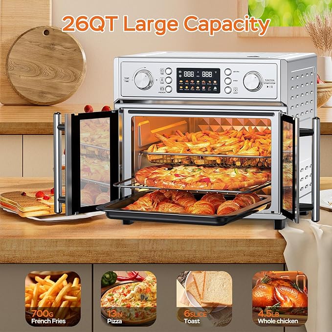 PlumChef 29.5QT Large Capacity French Double-Door Air Fryer Convection Toaster Oven, 1700W, 14 Preset Menus, 7-in-1 Multi-Function (Bake, Roast, Gril,Toast,Dehydrate&Defrost), Stainless Steel,silvery