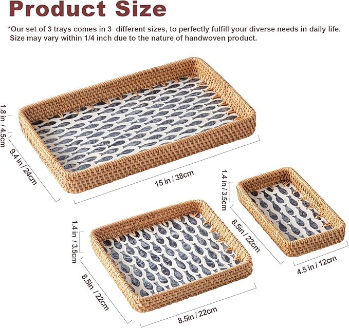 Set of 3 Rectangle Rattan Trays for Decor, Coastal Wicker Serving Tray, Hand-Woven from Natural Rattan with Mother of Pearl Inlay, Boho Woven Decorative Trays for Bathroom Kitchen Counter, Entryway