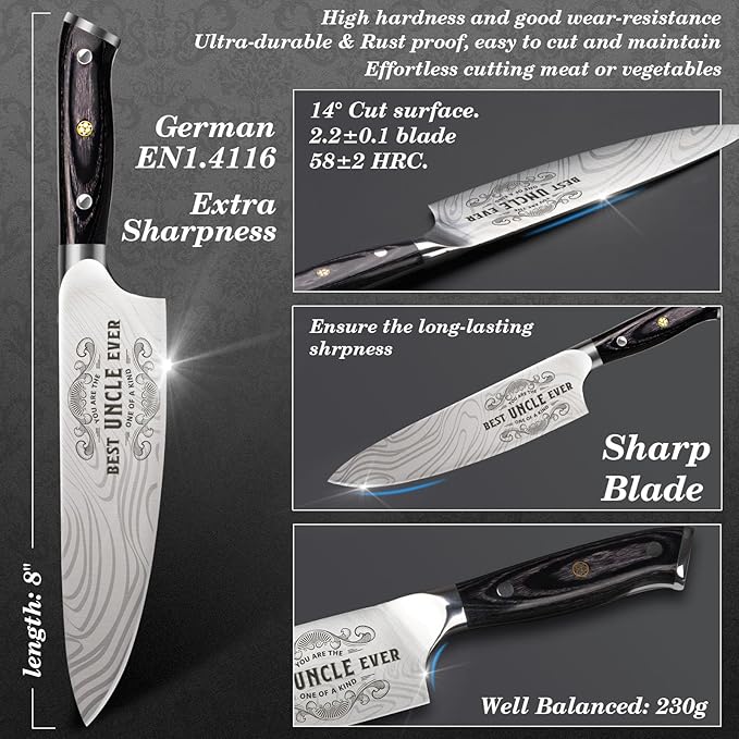 Best Uncle Ever Gifts for Men Uncle, 8 inch Professional German High Carbon Stainless Steel Chef Knife, Kitchen Cooking Knife Gifts for Birthday, Gifts for Uncle Men