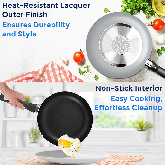 SereneLife Kitchenware Pots & Pans, Basic Kitchen Cookware Set, Black Non-Stick Coating Inside, Heat Resistant Lacquer (20-Piece Set), One Size, Gray