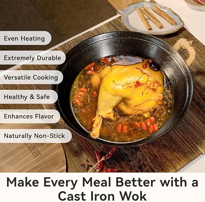WANGYUANJI Cast Iron Wok Pan 14.9 inch Large SUGUO Wok Stir Fry Pan Flat Bottom with Dual Handle and Wooden Lid, Suitable for All Cooktops, Uncoated Chinese Traditional Wok