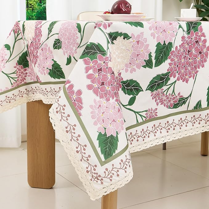 French Vintage Floral Tablecloth Rectangular, Linen Table Cloth with Flowers and Leaves Pattern, Waterproof Decor Table Cover with lace for Dining Kitchen Christmas Holiday, 55''x 70''