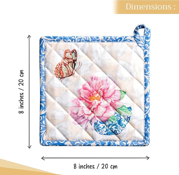 Maison d' Hermine Pot Holders 100% Cotton Heat Resistant Potholders 8" x 8" Hot Pads with Loop BBQ, Cooking, Baking, Grilling, Kitchen, Handling Hot Pans Spring/Summer (Pack of 1, Canton)