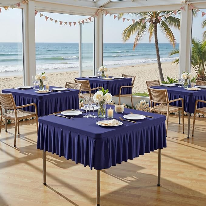 Wish Care Navy Blue Spandex Tablecloths for 48x48 Inch Square Tables, Stretch Fitted Table Clothes with Pleated Ruffle Skirt for 48” Table, Wrinkle Free and Elastic, for Party Kitchen Home Dining