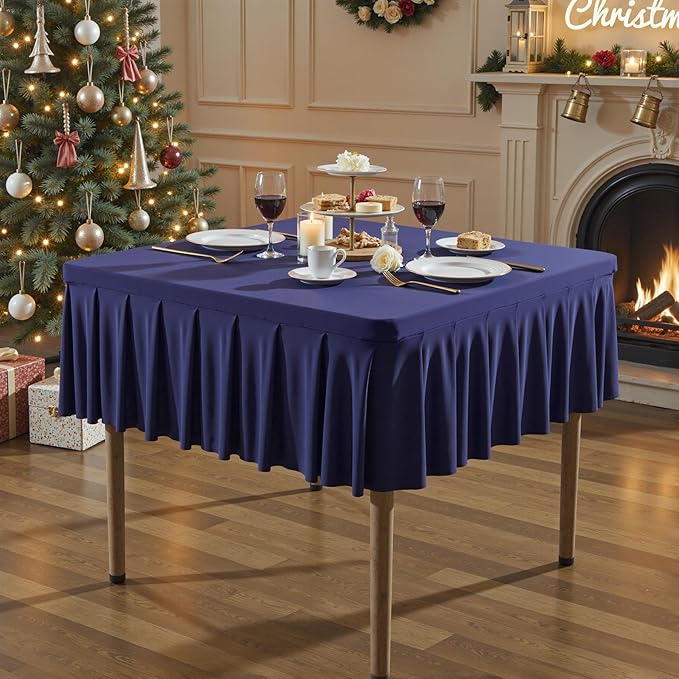Wish Care Navy Blue Spandex Tablecloths for 34x34 Inch Square Tables, Stretch Fitted Table Clothes with Pleated Ruffle Skirt for 34” Table, Wrinkle Free and Elastic, for Party Kitchen Home Dining