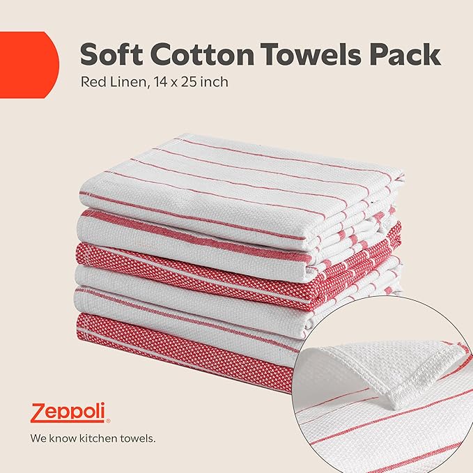 Zeppoli Classic Kitchen Towels - 6 Pack 100% Natural Cotton Towel Set, Reusable Wash Cloths, Absorbent Dish Towels, Machine Washable Hand Towels, Kitchen Essentials, 20� x 28� - Red VAR