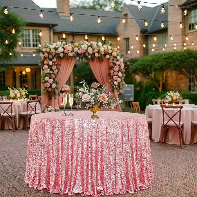 Eternal Beauty Fuchsia Pink Tablecloth, 120 Inch Round Sequin Tablecloth for Valentines Party Cake Dessert Table Exhibition Events