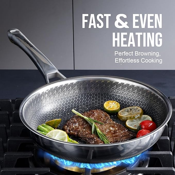 10 Inch Hybrid Nonstick Frying Pan, Stainless Steel Pan Non Stick Skillet, PFOA Free Cookware, Non Toxic Chef's Pan, Compatible with Electric, Gas and Induction, with Lid