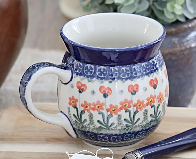 Blue Rose Polish Pottery - Orange Peach Posy Bubble Mug - 16 oz - Unique Shape Mug for Coffee & Tea