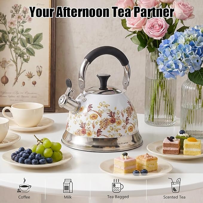 Stainless Steel Whistling Tea Kettle Stovetop - 3.1QT Tea Pot for Stove Top, Vintage Floral Print, Foldable Handle, 304 Stainless Steel Interior Teatop for Tea, Coffee, Party & Gift