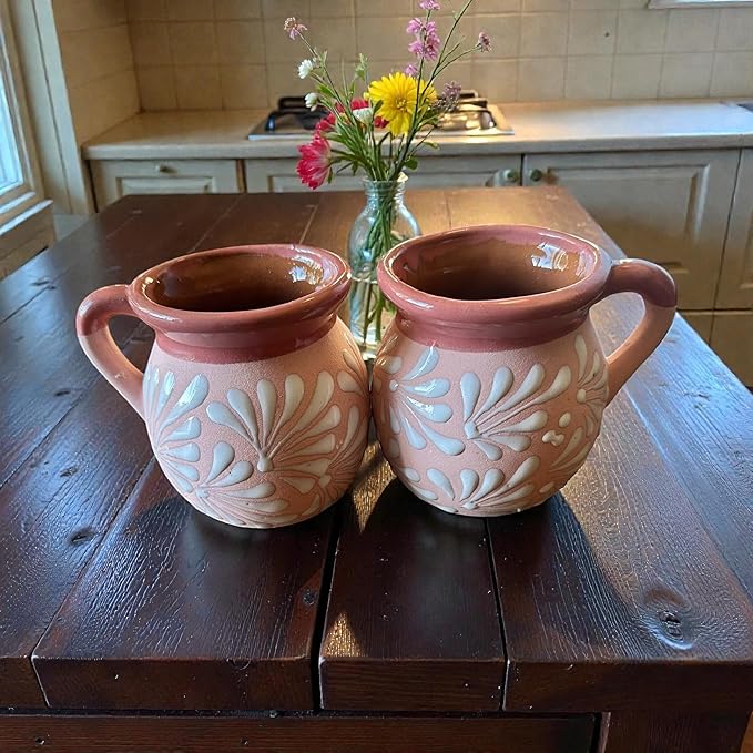 Set of 2 Mexican Pottery Mugs – Pink Terracotta Talavera Style Design, 12 oz Clay Tazas, Handmade Large Coffee Cups