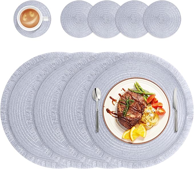 Tassels Round Placemats Set of 4 Braided Boho Mandala 35CM Circle Table Placemats with Coasters for Wedding Holiday Party Decor(Sliver Grey,8 Set)