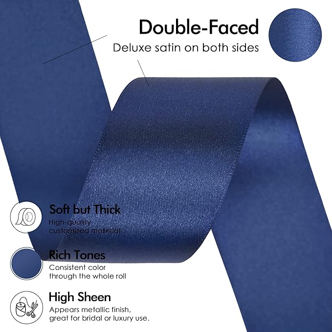 MEEDEE Navy Satin Ribbon 1-1/2 Inch Navy Blue Ribbon Lux Double Faced Satin Ribbons by 50 Yards Navy Blue Polyester Ribbons for Crafts, Weddings, Flower Bouquet, Holiday Decorating