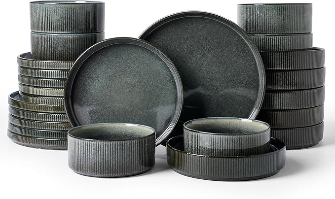 Famiware Star Stoneware Dinnerware Sets for 6 (24pcs), Chip and Scratch Resistant, Microwave & Dishwasher Safe Complete Dishes, Pasta Bowl, Cereal Bowl, Dinner Plate, Salad Plate, Ribbed, Deep Forest