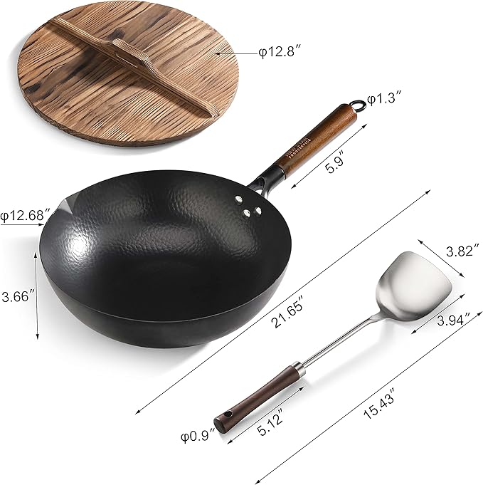 New Star Foodservice 1029154 Hand Hammered Carbon Steel, Non-Stick Wok Carbon Steel, Includes 12.7" Round Bottom, Wooden Lid, and Spatula (Hand Wash Recommended)