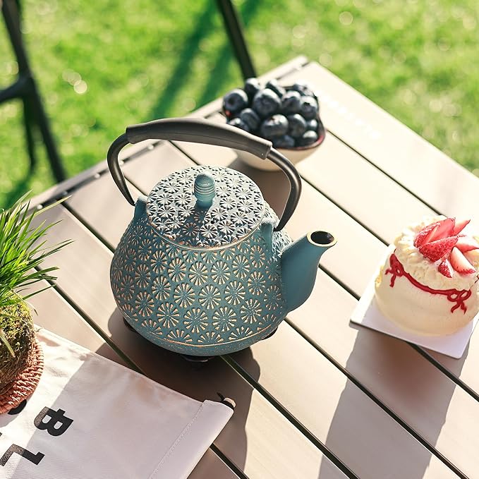 Cast Iron Teapot, 32oz Japanese Sakura Blossom Pattern Tea Kettle, Stovetop Safe, Infuser for Loose Leaf & Coffee, Silicone Handle, Enamel Interior, 950ml Blue