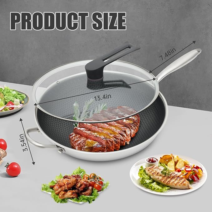13.4” Stainless Steel Wok Pan with Lid – Honeycomb Non Stick Stir Fry Pan for Induction, Gas, Electric & Ceramic Cooktops – Tri-Ply Deep Frying Wok with Stay-Cool Handle, PFOA-Free